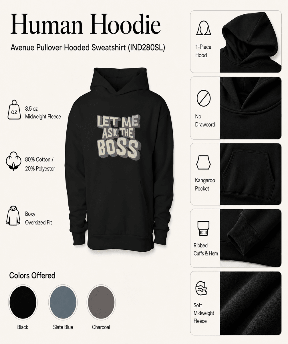 Black hoodie with 'Let Me Ask The Boss' text, featuring product details on a white background.