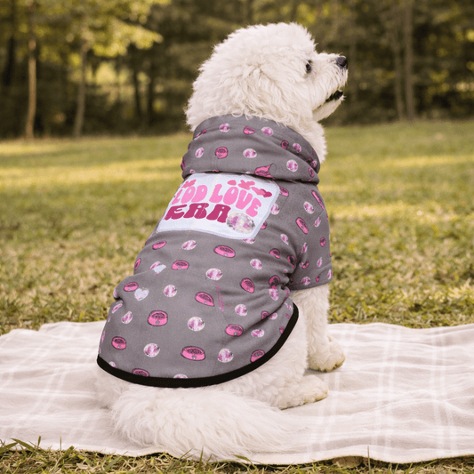 Small dog wearing a cozy hoodie in the park