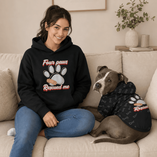 Person and dog wearing matching FluffnCo hoodie sets — gift for dog lovers.