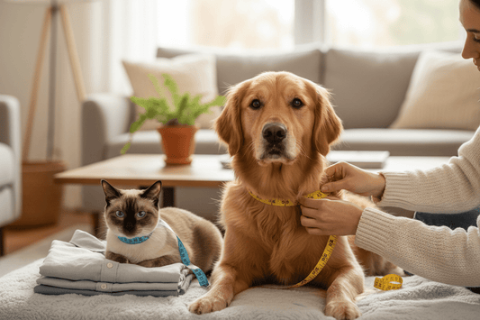 Person measuring a dog with a tape measure for proper dog hoodie sizing, FluffnCo pet apparel guide