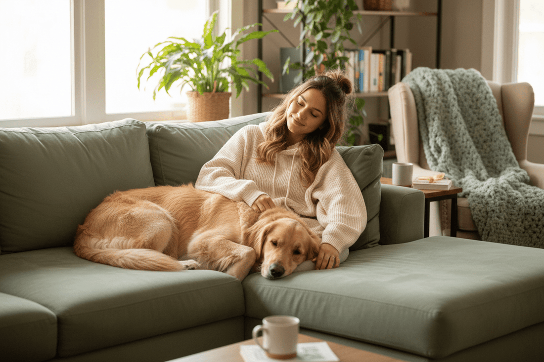 Woman and dog sitting on the couch wearing similar hoodies