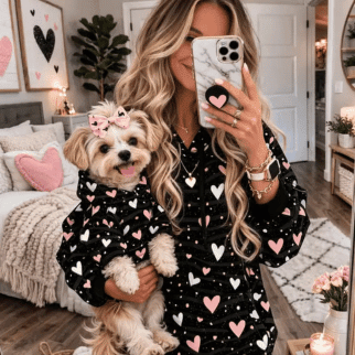 woman holding her dog looking in the mirror