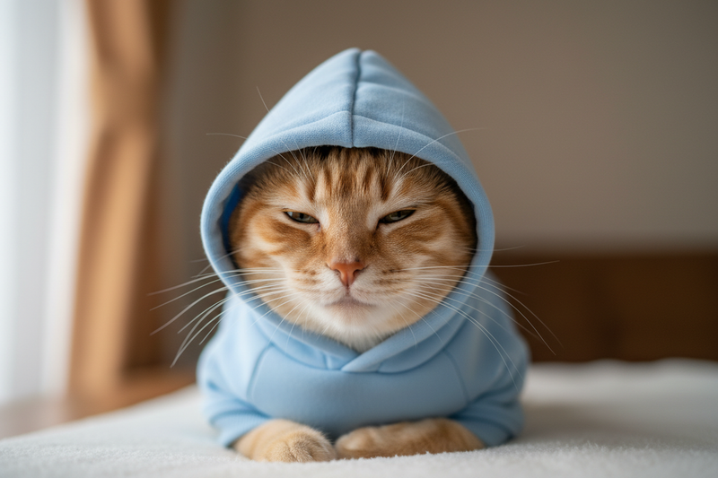Orange tabby cat wearing a cozy blue pet hoodie on a bed, FluffnCo pet apparel