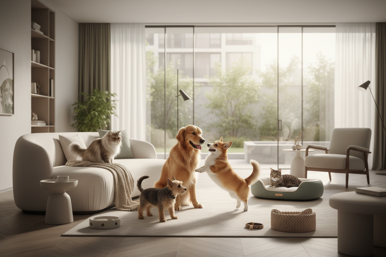 Multiple cats and dogs relaxing and playing in a modern living room, pet-friendly FluffnCo setting