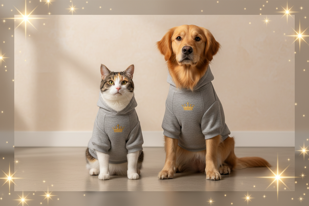 Cat and dog wearing matching grey hoodies with crowns, surrounded by stars, FluffnCo best sellers