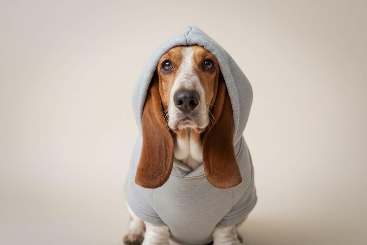 Basset hound dog wearing a cozy grey pet hoodie, FluffnCo pet apparel for dogs