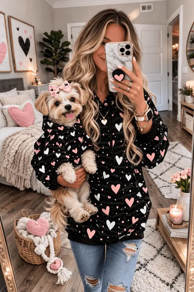 woman holding small dog; both are wearing hoodies with hearts