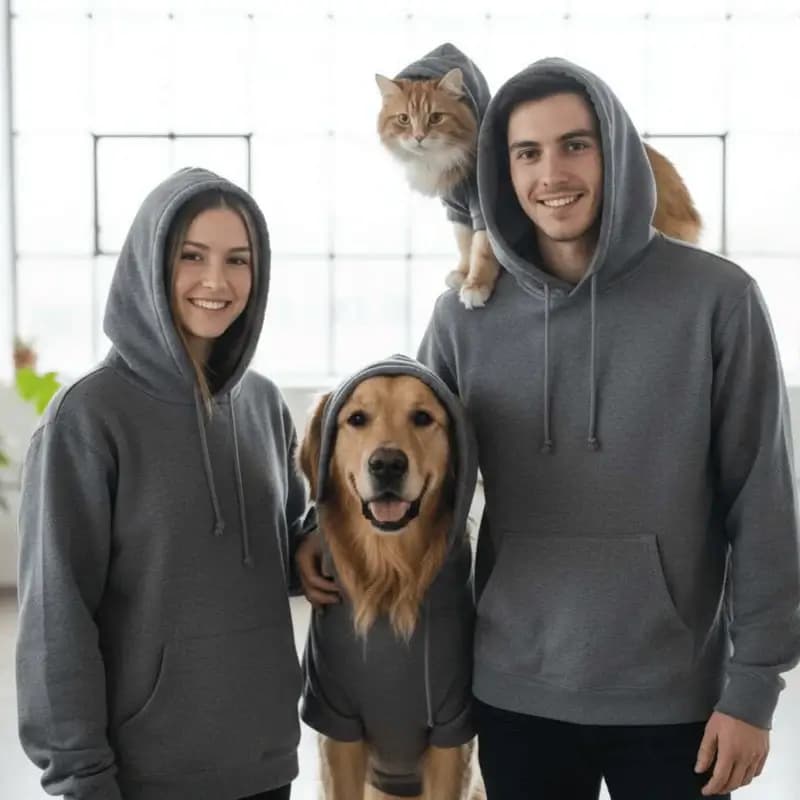woman, dog, cat, man all wearing dark grey hoodies