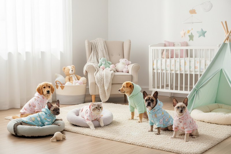 Dogs and cats in cute pastel hoodies from FluffnCo, sitting in a cozy nursery setting.