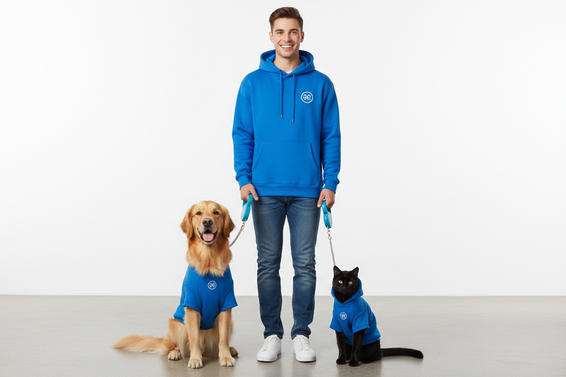 Man, dog, and cat wearing matching blue FluffnCo hoodies for pet and owner bonding outfits