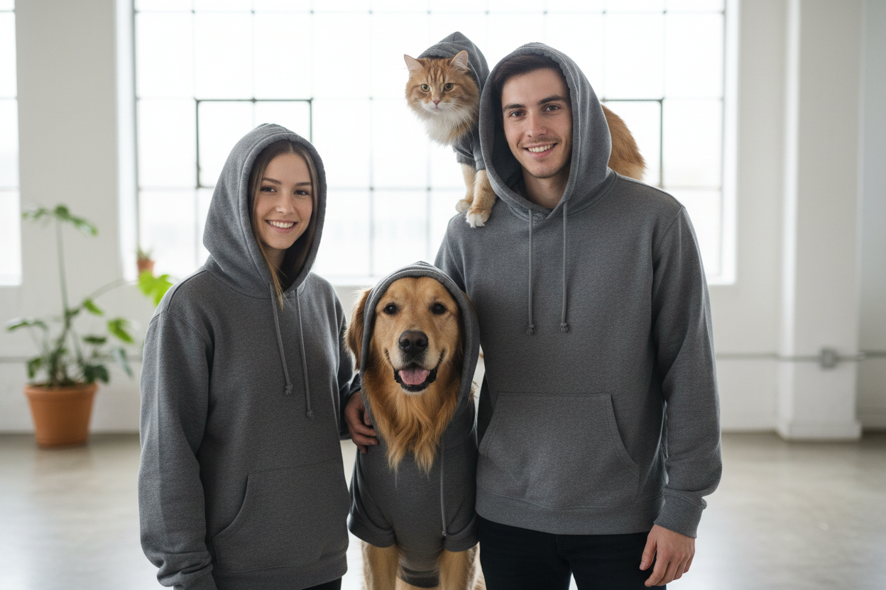 Dogs and cats in black and white hoodies sitting, ears covered, cozy pet apparel by FluffnCo.