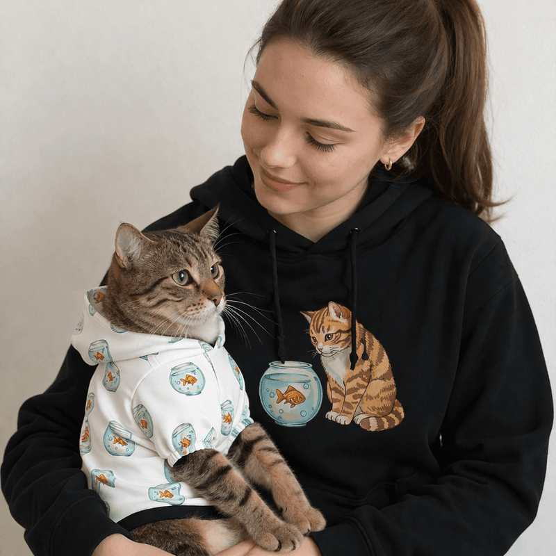 Woman holding cat; both are wearing matching hoodies