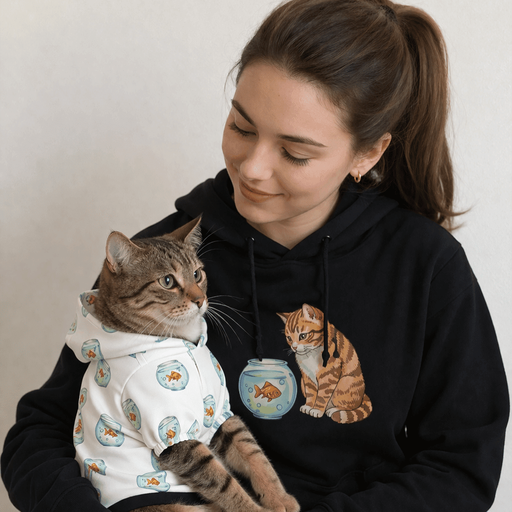 Woman holding a cat wearing a sweater with a black hoodie featuring a cat design.