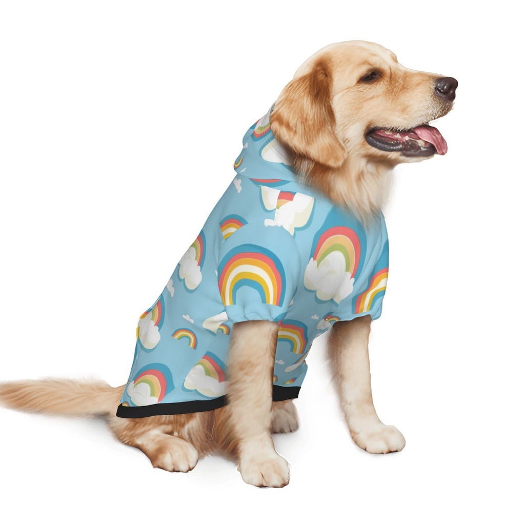 Dog wearing  Rainbow & Clouds Nursery Print pet hoodie back side view