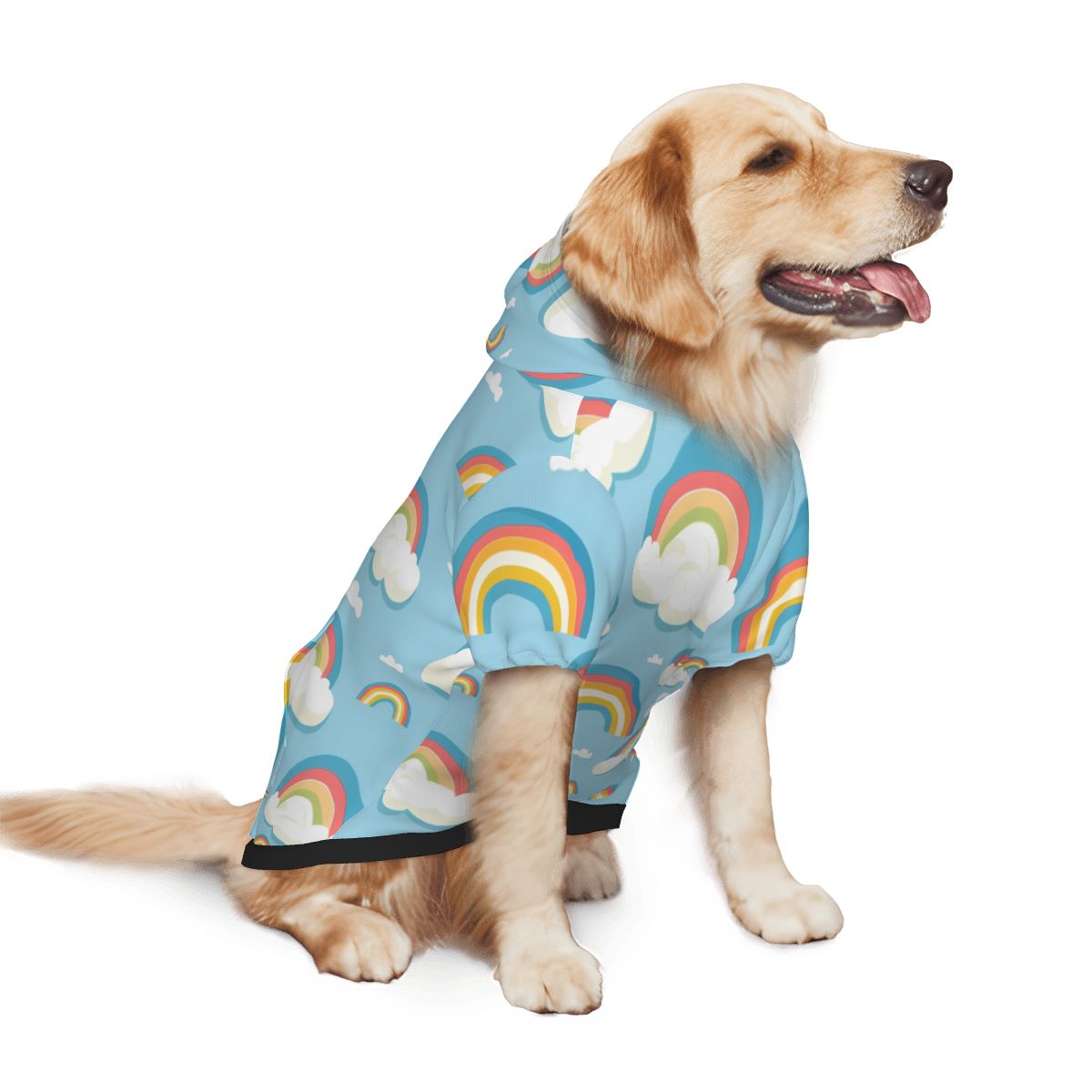 Dog wearing  Rainbow & Clouds Nursery Print pet hoodie back side view