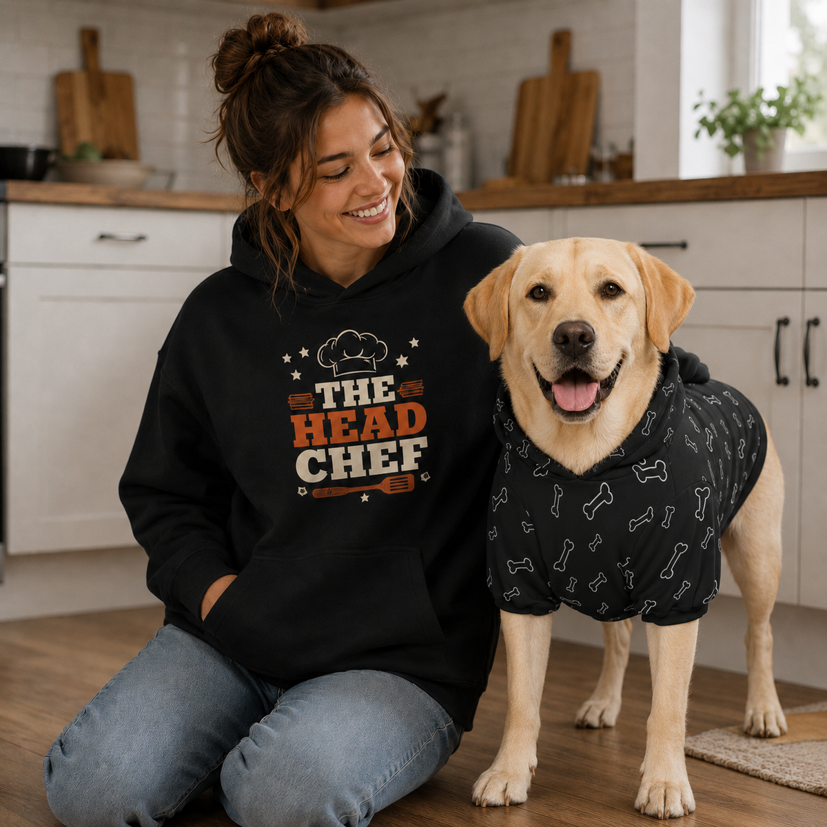 A woman kneels on a wooden floor in a bright kitchen, smiling at a yellow Labrador Retriever wearing a black pet hoodie with a white and orange 'The Head Chef' graphic. The woman wears a matching black hoodie with the same graphic.
