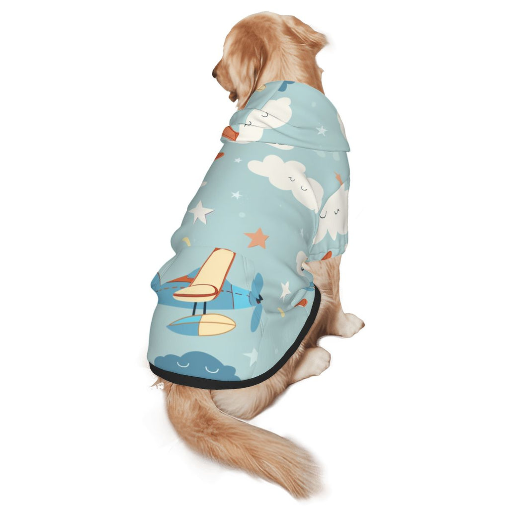 Dog wearing Airplaine and Clouds pet hoodie add on back view