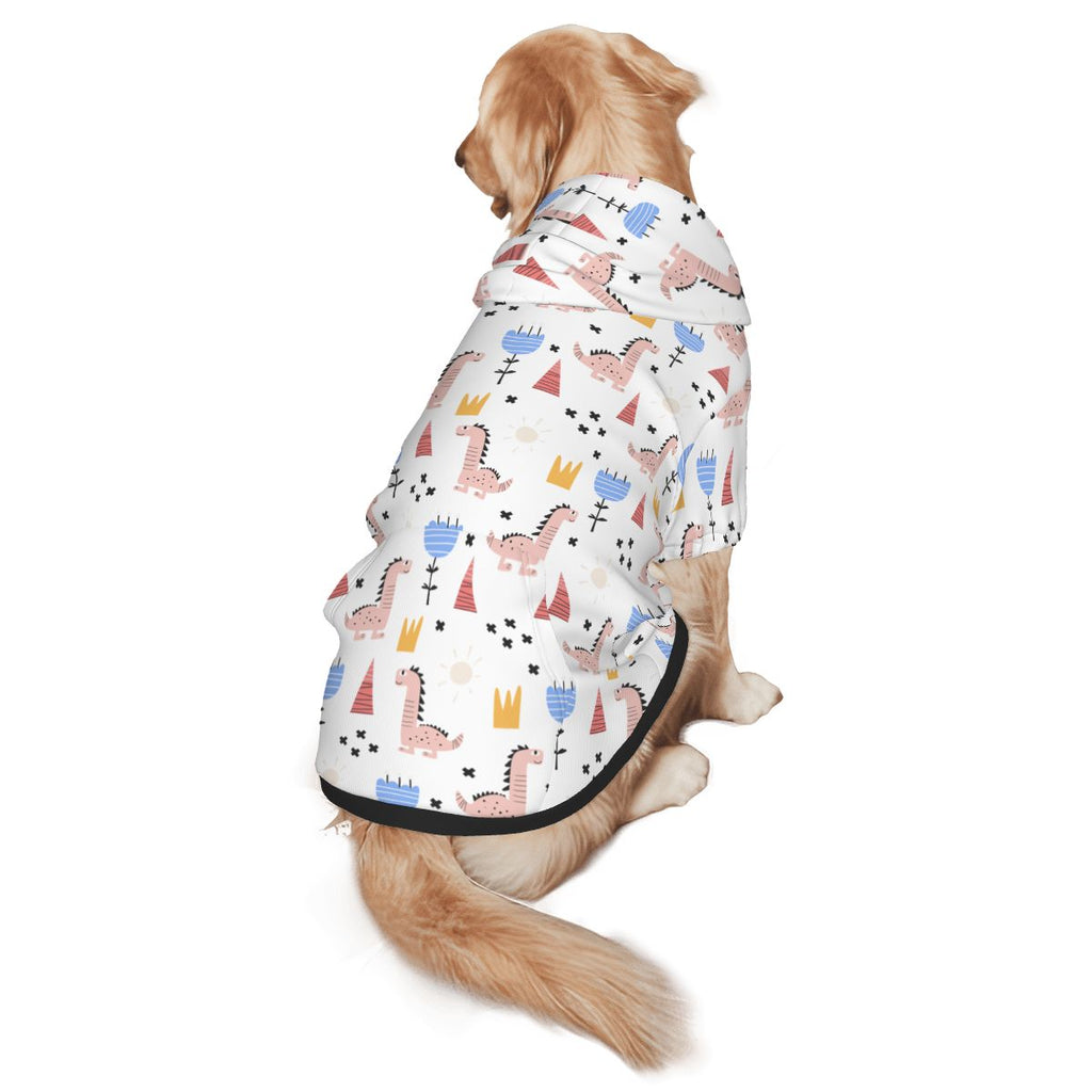 Dog wearing Pink Dinosaur Nursery Print pet hoodie back view