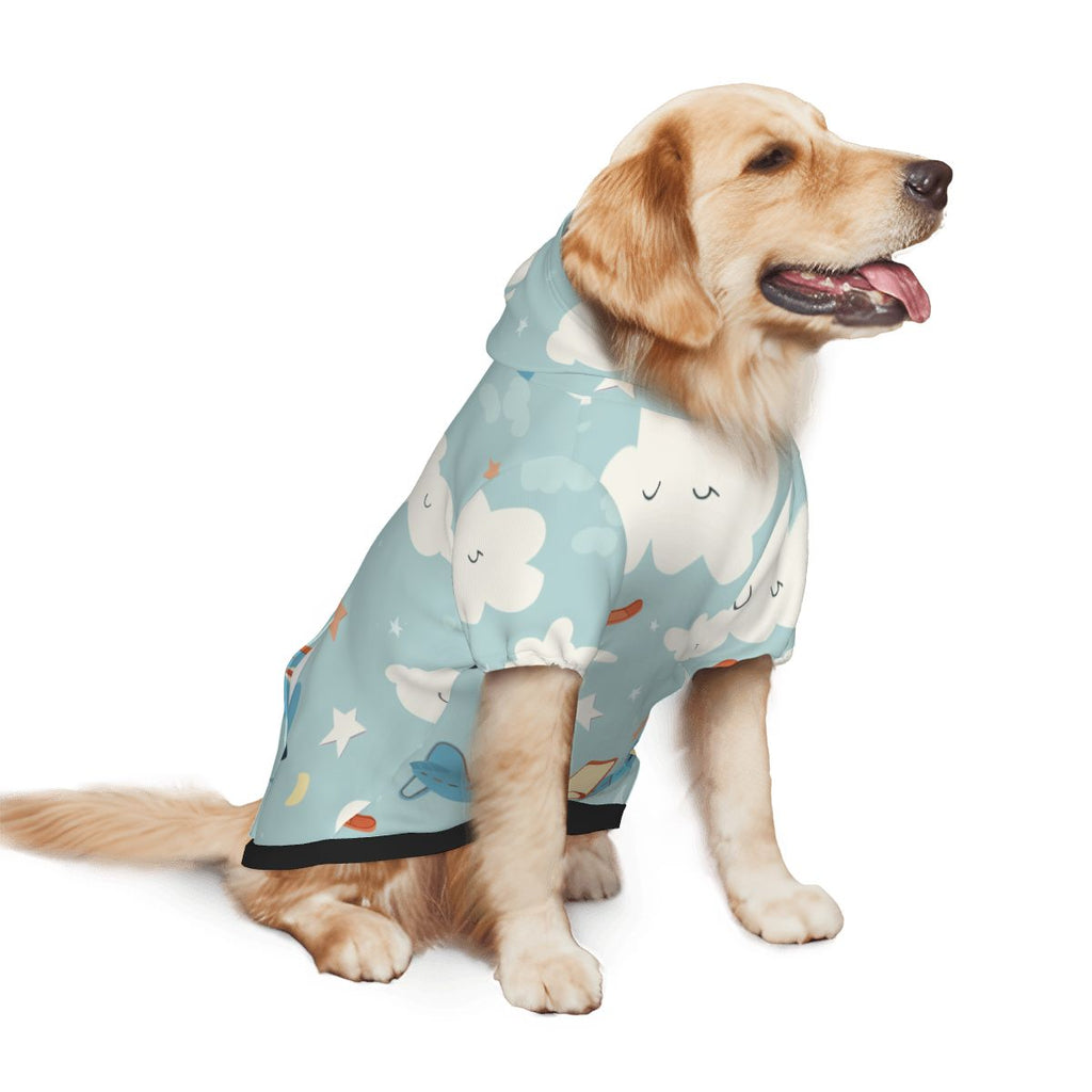 Dog wearing Airplaine and Clouds pet hoodie add on back side view