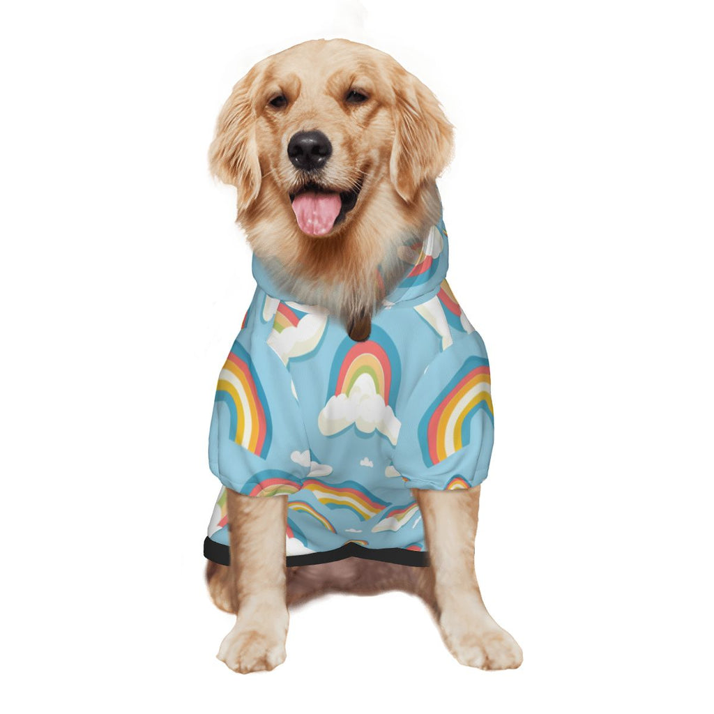 Dog wearing  Rainbow & Clouds Nursery Print pet hoodie back side view 2