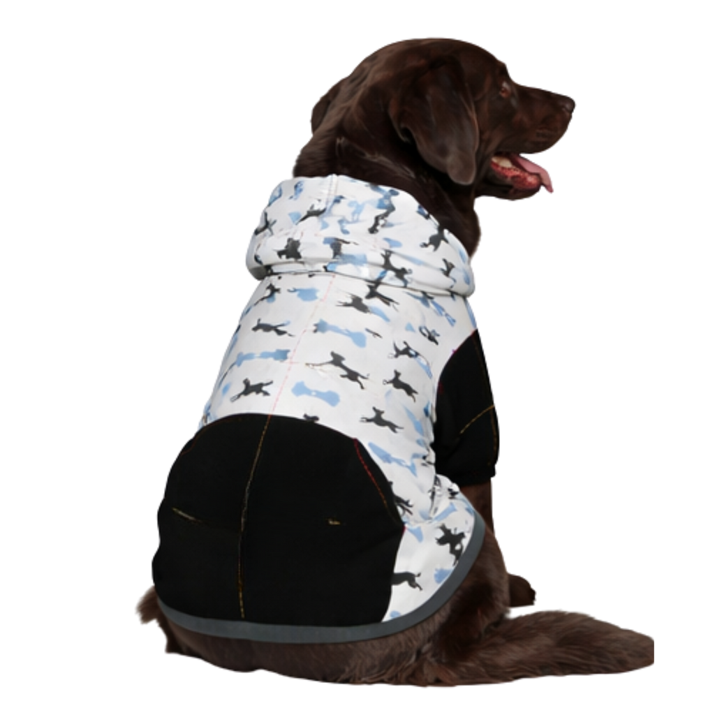 Dog wearing All Food Must Go to Lab Pet Hoodie Side View