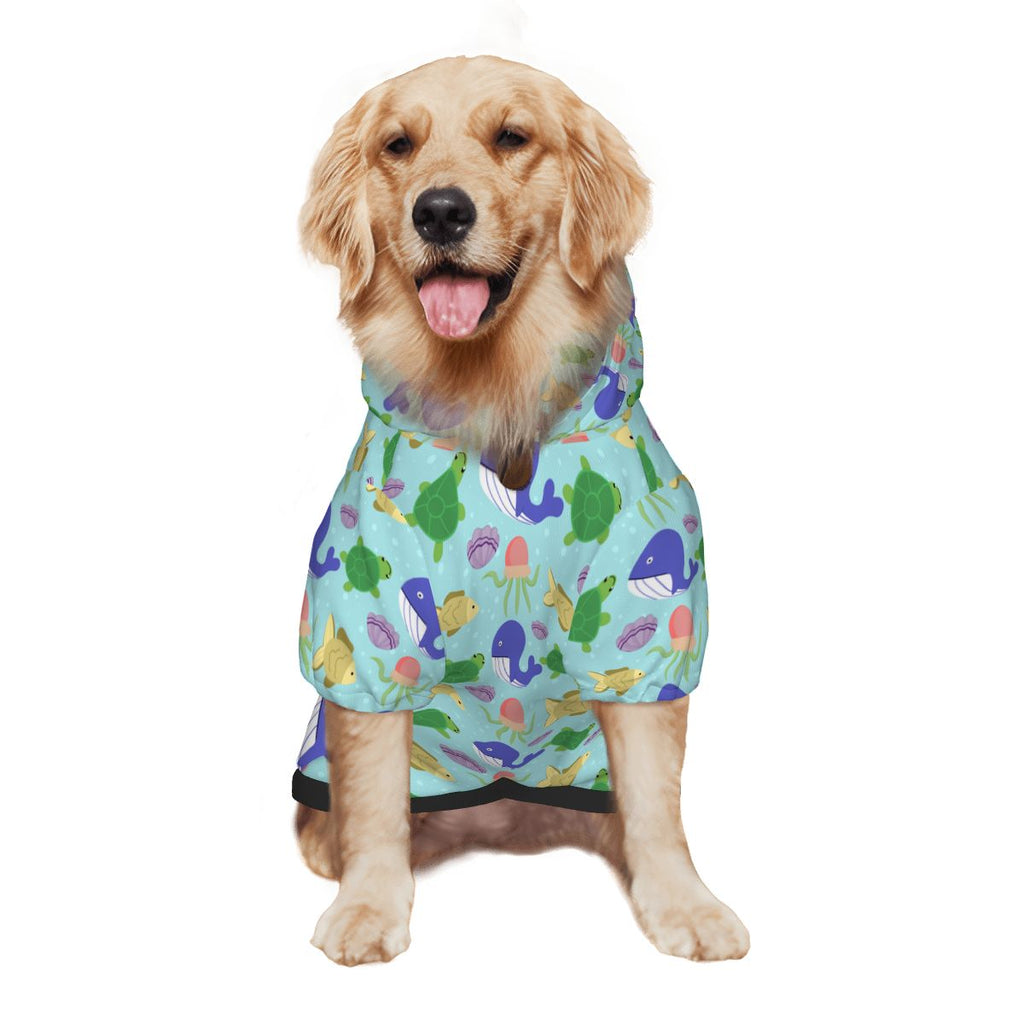 Dog wearing Colourful Blue Whale Nursery Print pet hoodie back side view 2
