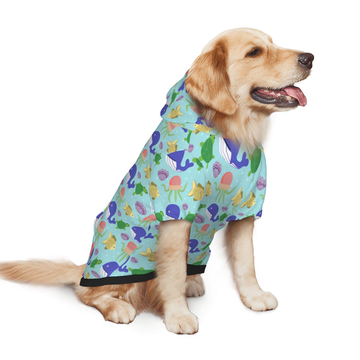 Dog wearing Colourful Blue Whale Nursery Print pet hoodie back side view