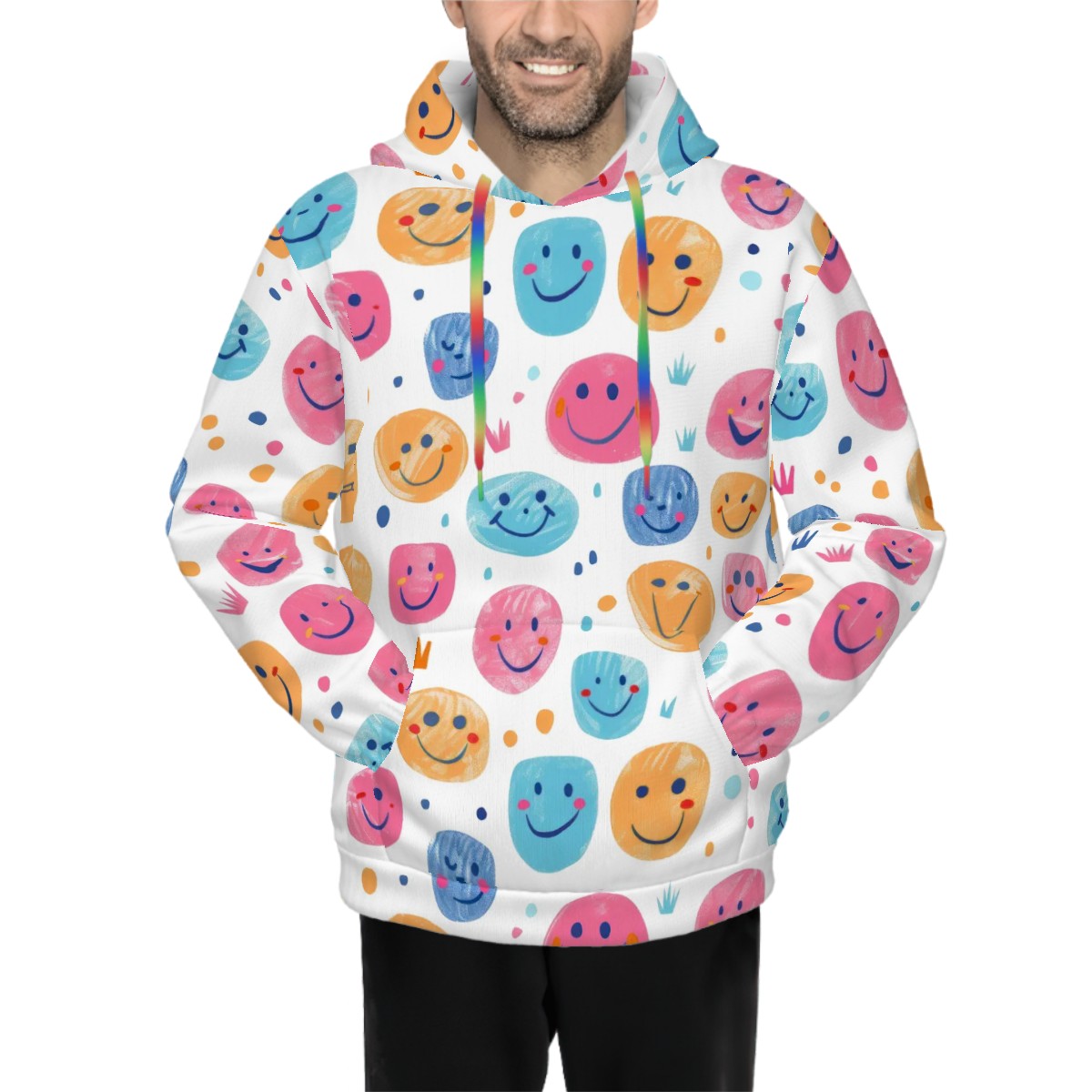 Human wearing Colourful Smiley Face Pattern Pet and Owner Set Front View