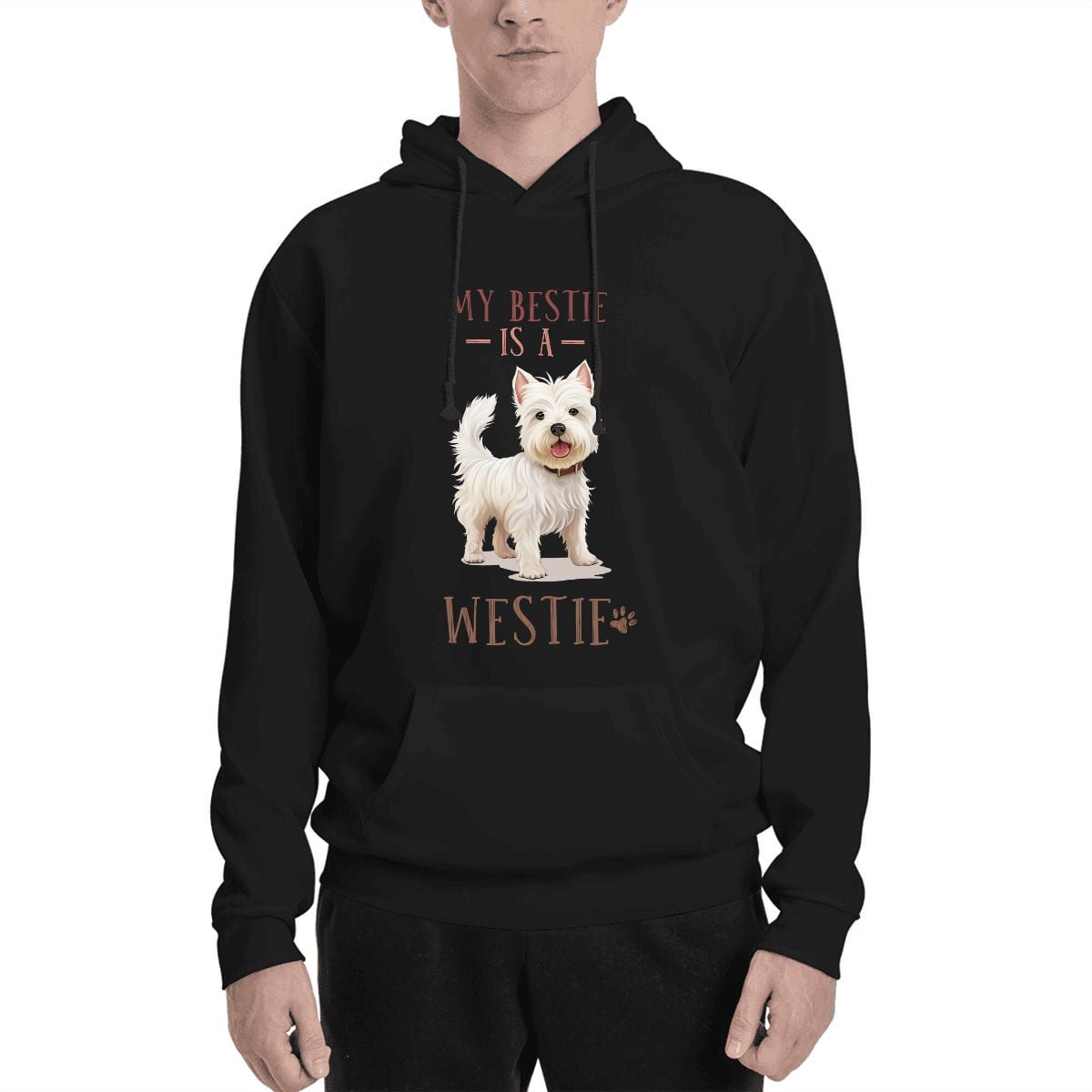 Human wearing Westie is my Bestie Pet and Owner Set Front View