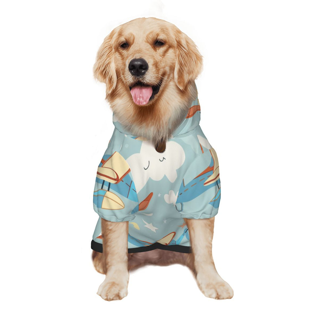 Dog wearing Airplaine and Clouds Addon pet hoodie back side view 2