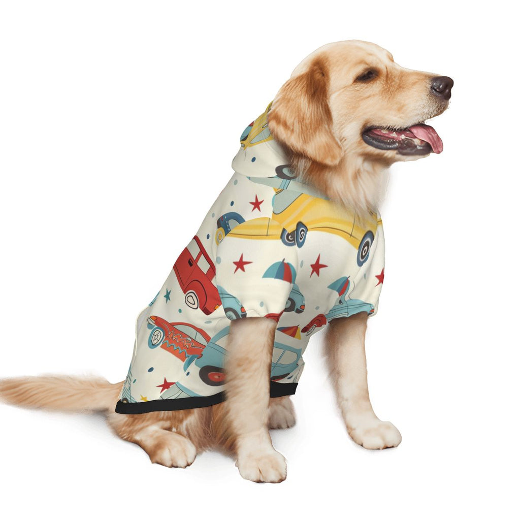 Dog wearing  Retro Cars Nursery Print pet hoodie back side view