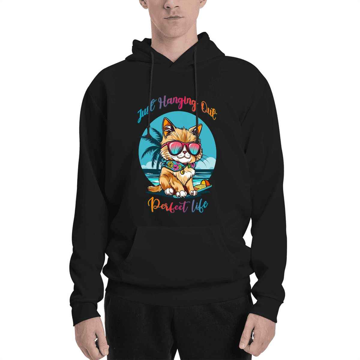 Human wearing Matching Pet and Owner Hoodie – Living the Purrfect Life Set pet hoodie front