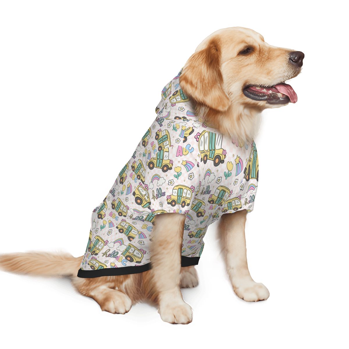 Dog wearing Pet Hoodie Yellow Bus Nursery Print Cat and Dog Hoodie pet hoodie side view