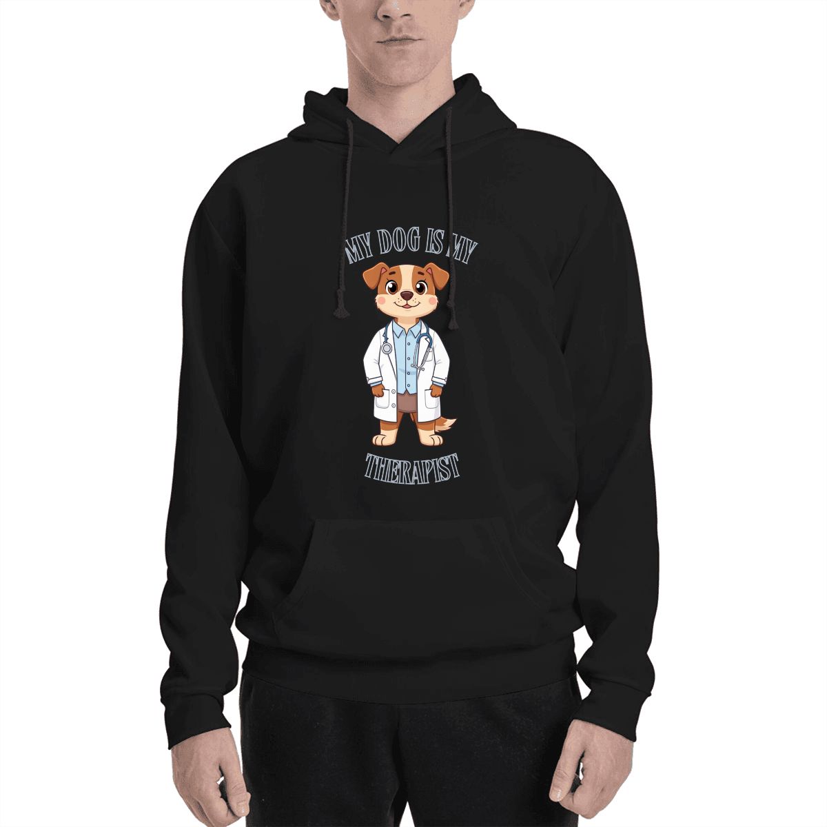 Human wearing My Dog is My Therapist Dog & Owner Hoodie Set Front View
