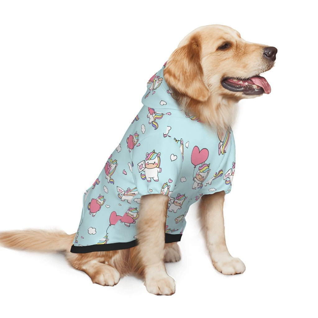 Dog wearing Unicorn Balloon Nursery Print pet hoodie back side view