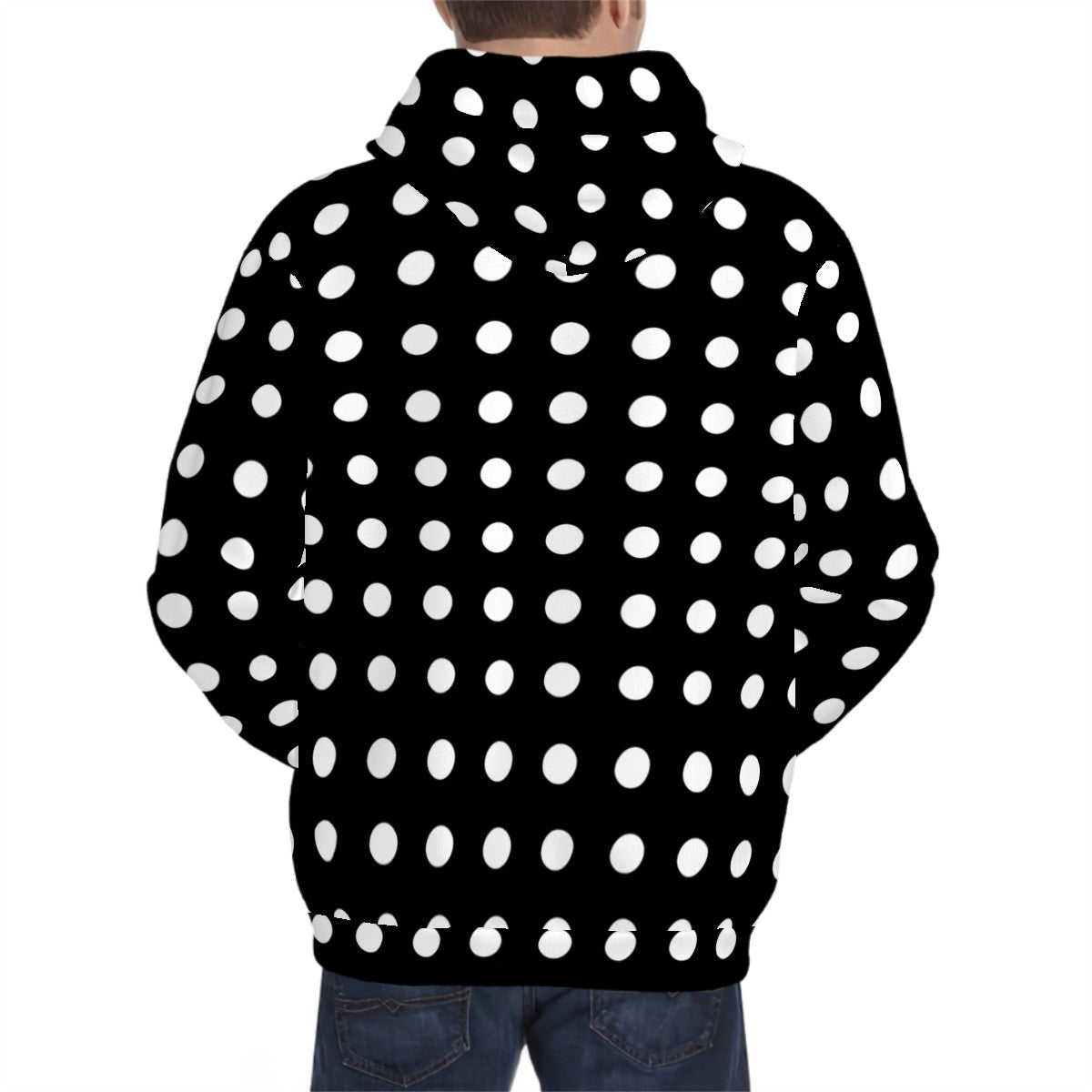 Human wearing  Matching Black and White Polka Dot Pet and Owner Cat Hoodie Set Back View