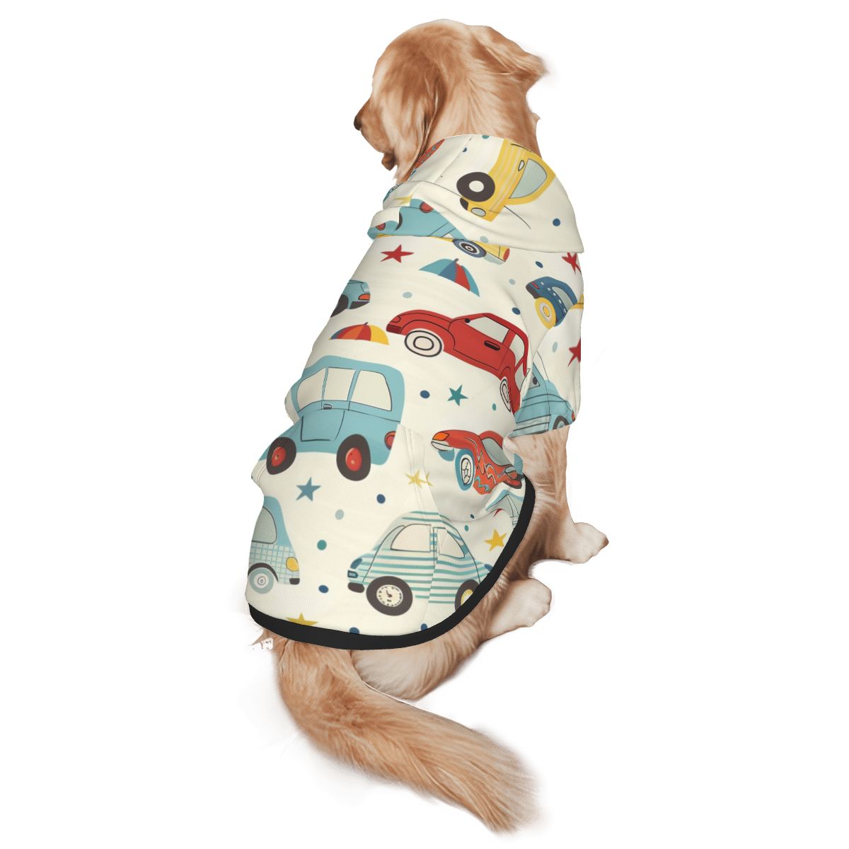 Dog wearing Retro Cars Nursery Print pet hoodie back view