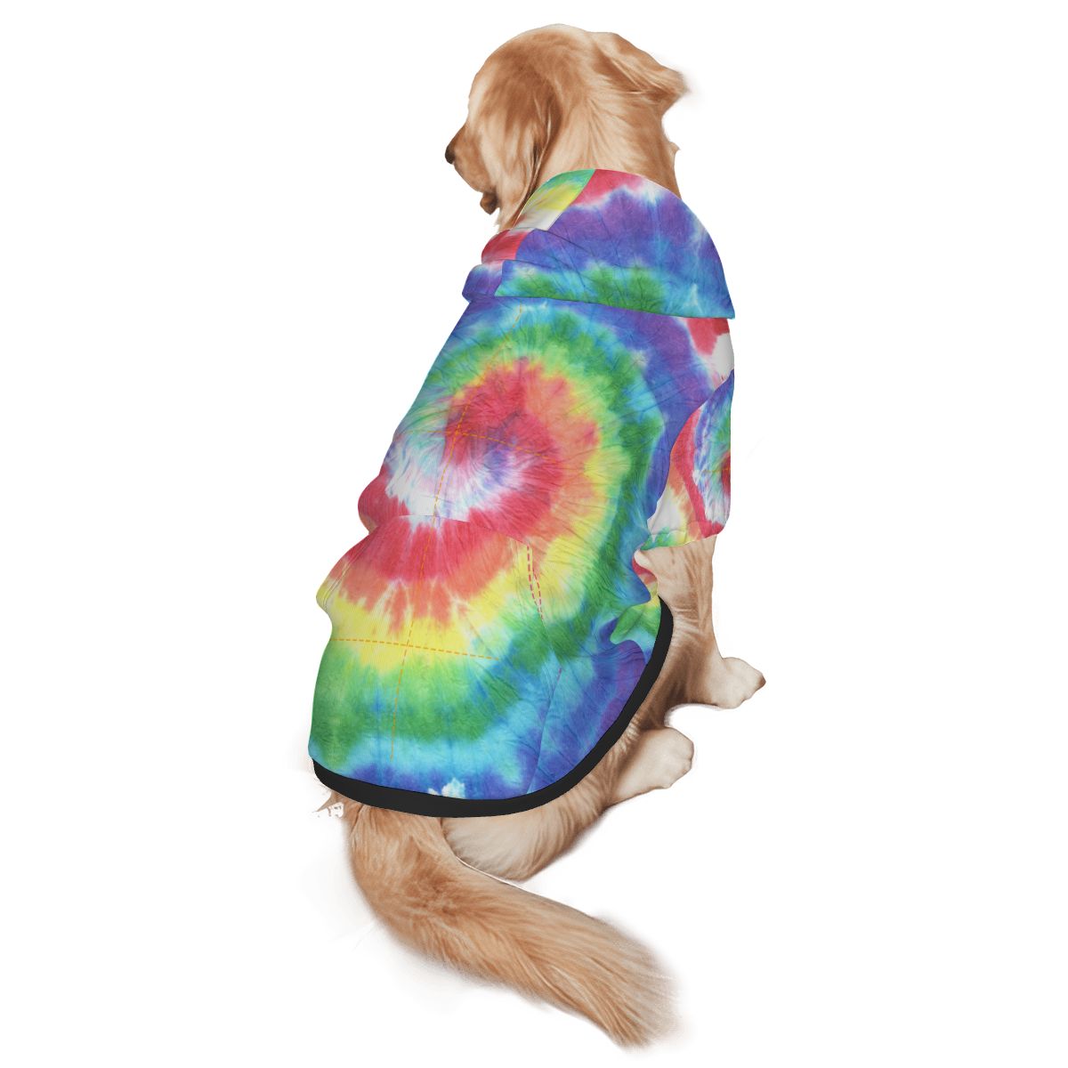 Dog wearing Rainbow Tie Dye Pet-Only Hoodie (Add-On) pet hoodie back view