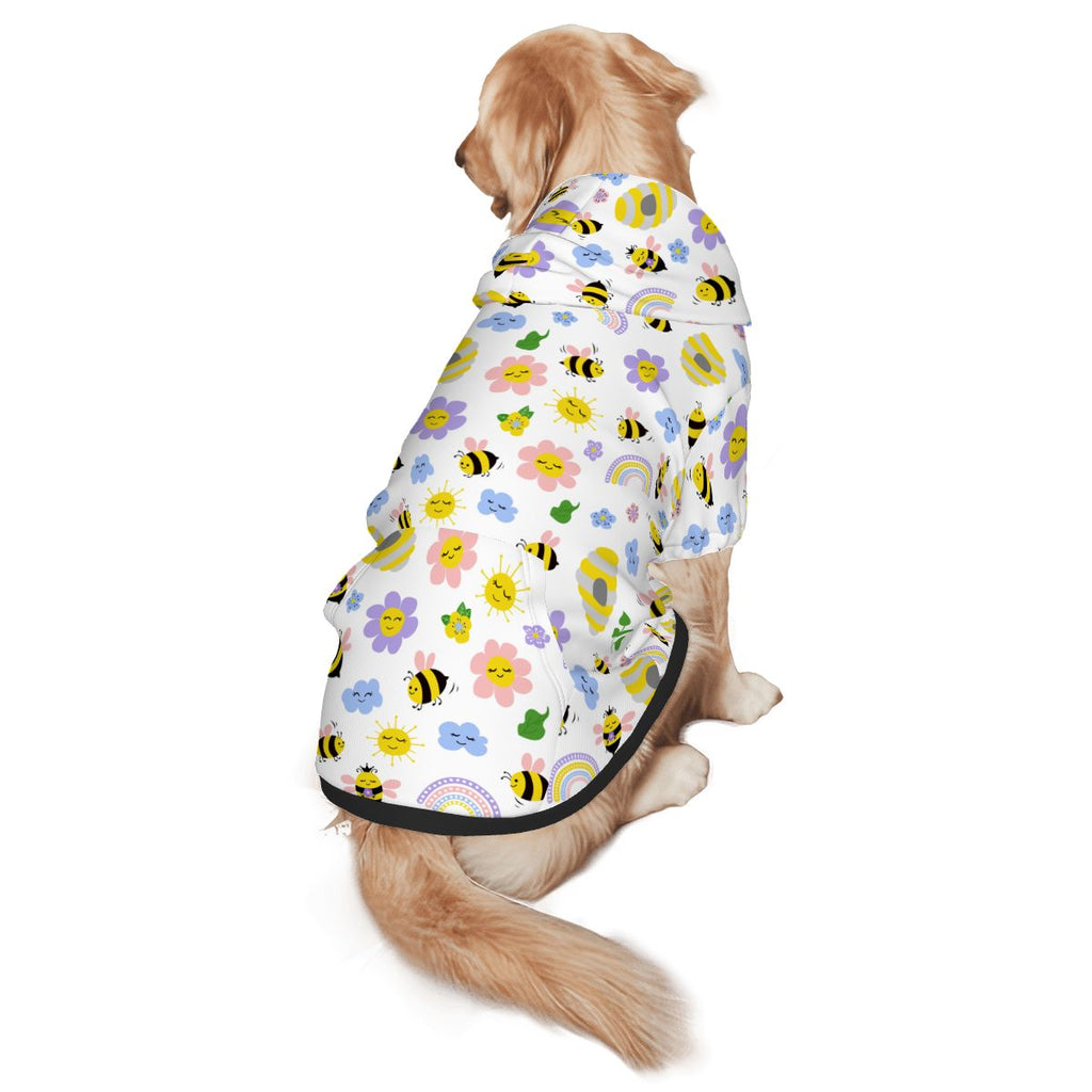 Dog wearing Bees and flowers nursery print pet hoodie for cats and dogs back view