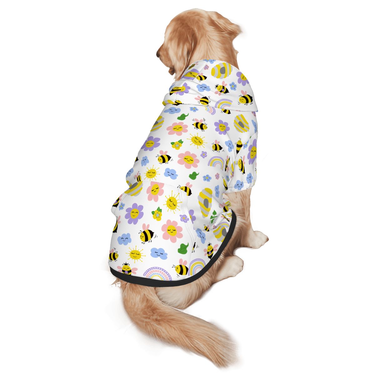 Dog wearing Bees and flowers nursery print pet hoodie for cats and dogs back view