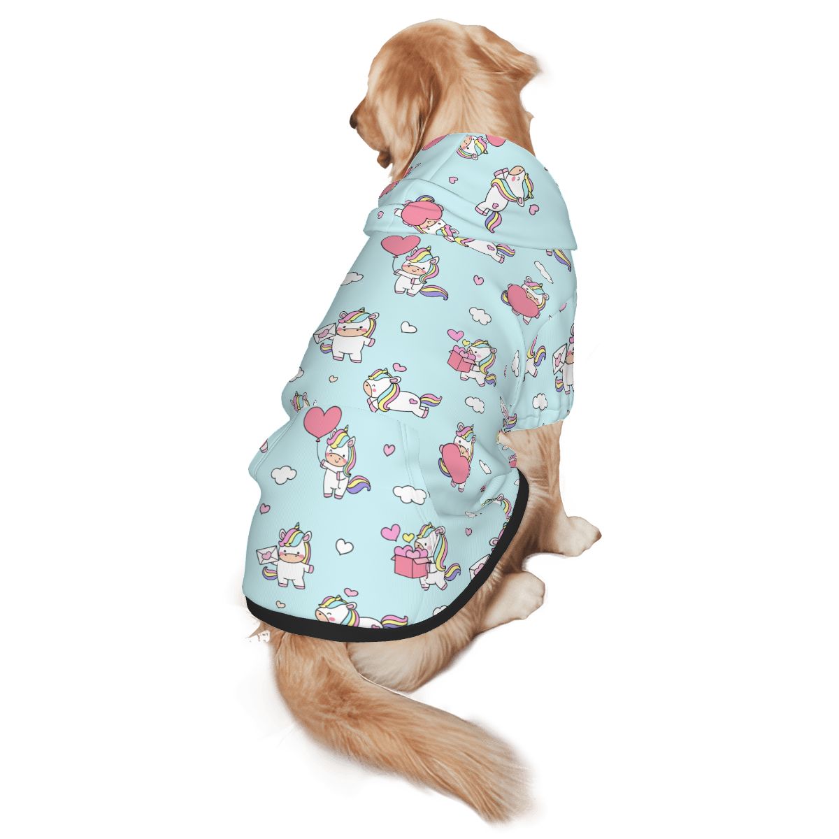 Dog wearing Unicorn Balloon Nursery Print pet hoodie back view