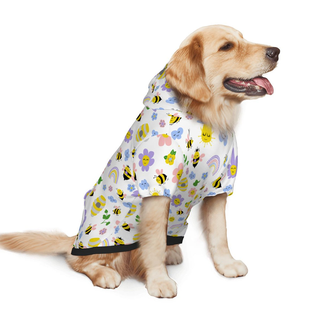 Dog wearing Bees and flowers nursery print pet hoodie for cats and dogs side
