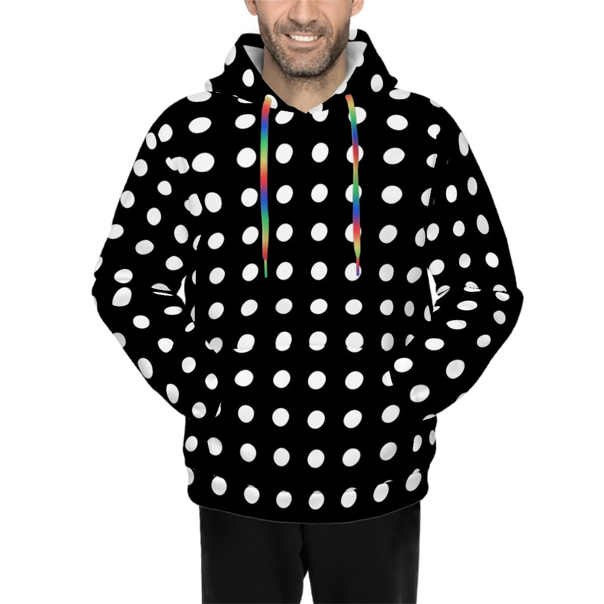 Human wearing  Matching Black and White Polka Dot Pet and Owner Cat Hoodie Set Front View