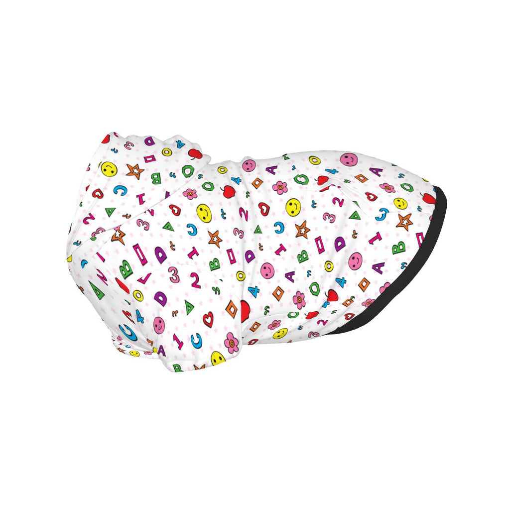 {{pet_type}} wearing Pet Hoodie – Alphabet, Numbers, Happy Face & Stars Nursery Print Cat and Dog Hoodie pet hoodie