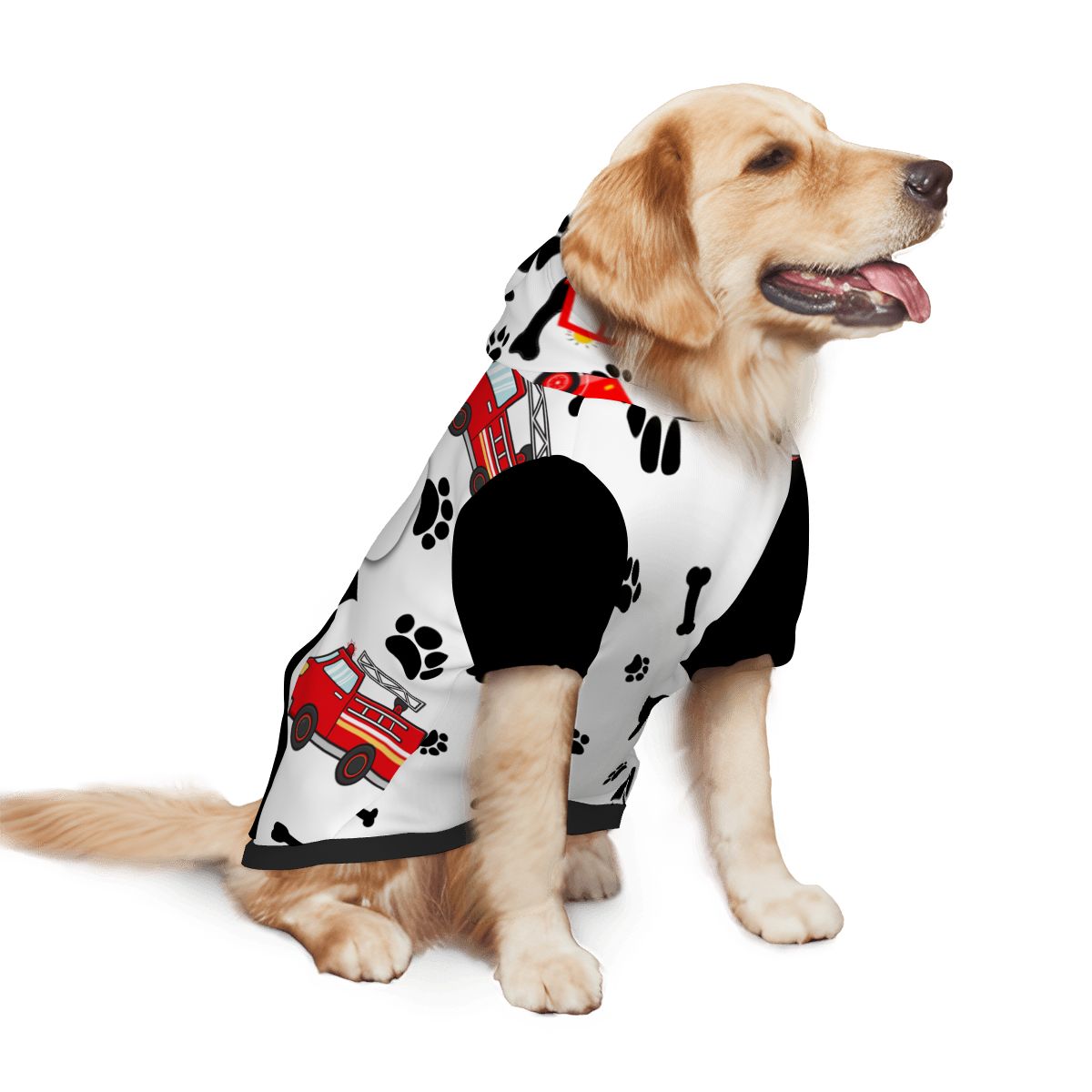 Dog wearing Firetruck & Paws Matching Dog & Owner Hoodie Set side view