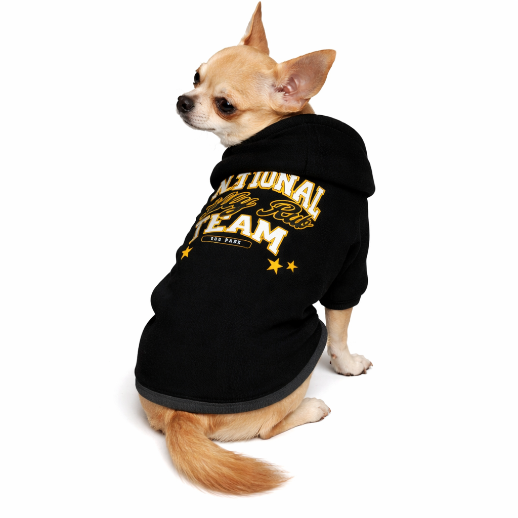 Dog wearing National Belly Rub Team Pet Hoodie Back View