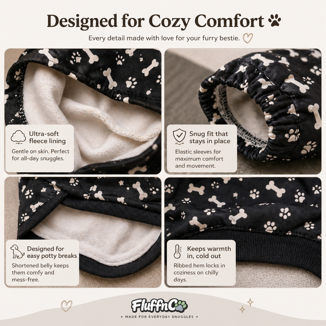 Pet hoodie features with close-up details and Fluffy Co branding.