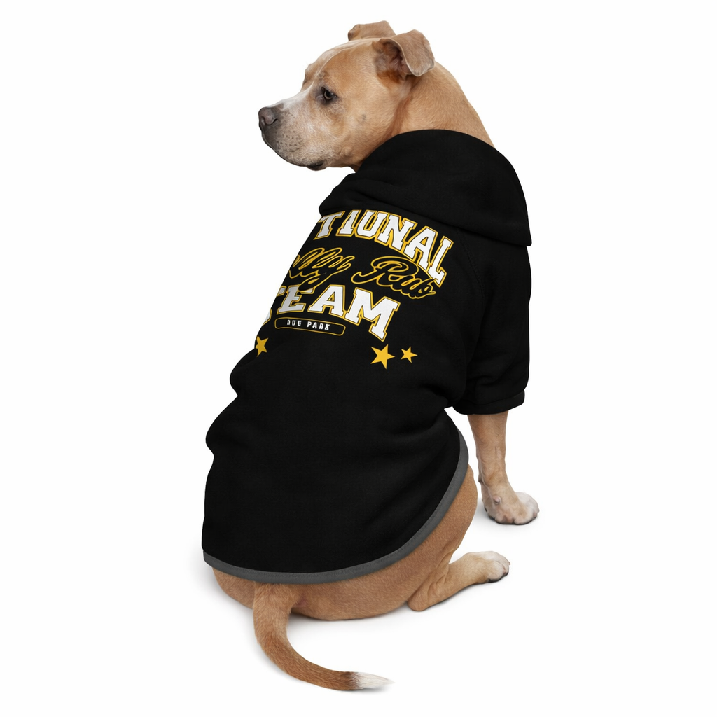 Dog wearing National Belly Rub Team Pet Hoodie Side View
