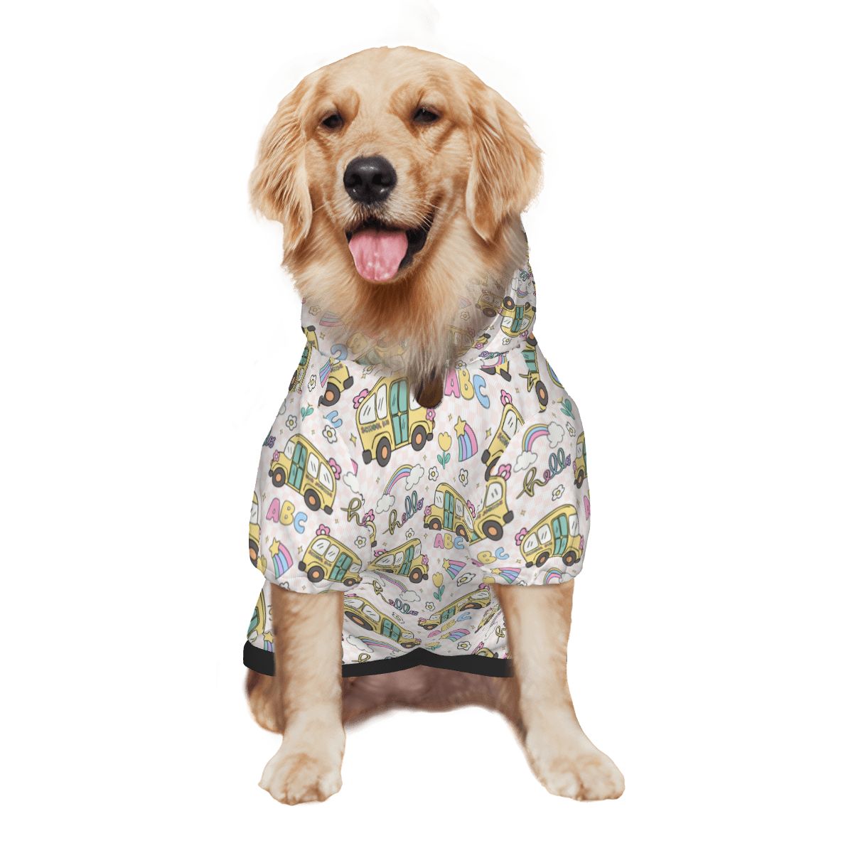 Dog wearing Pet Hoodie Yellow Bus Nursery Print Cat and Dog Hoodie pet hoodie side view 2