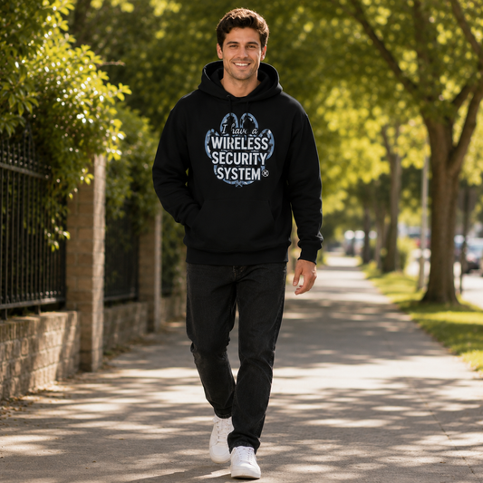 Man walking on a tree-lined sidewalk wearing a black hoodie with text.